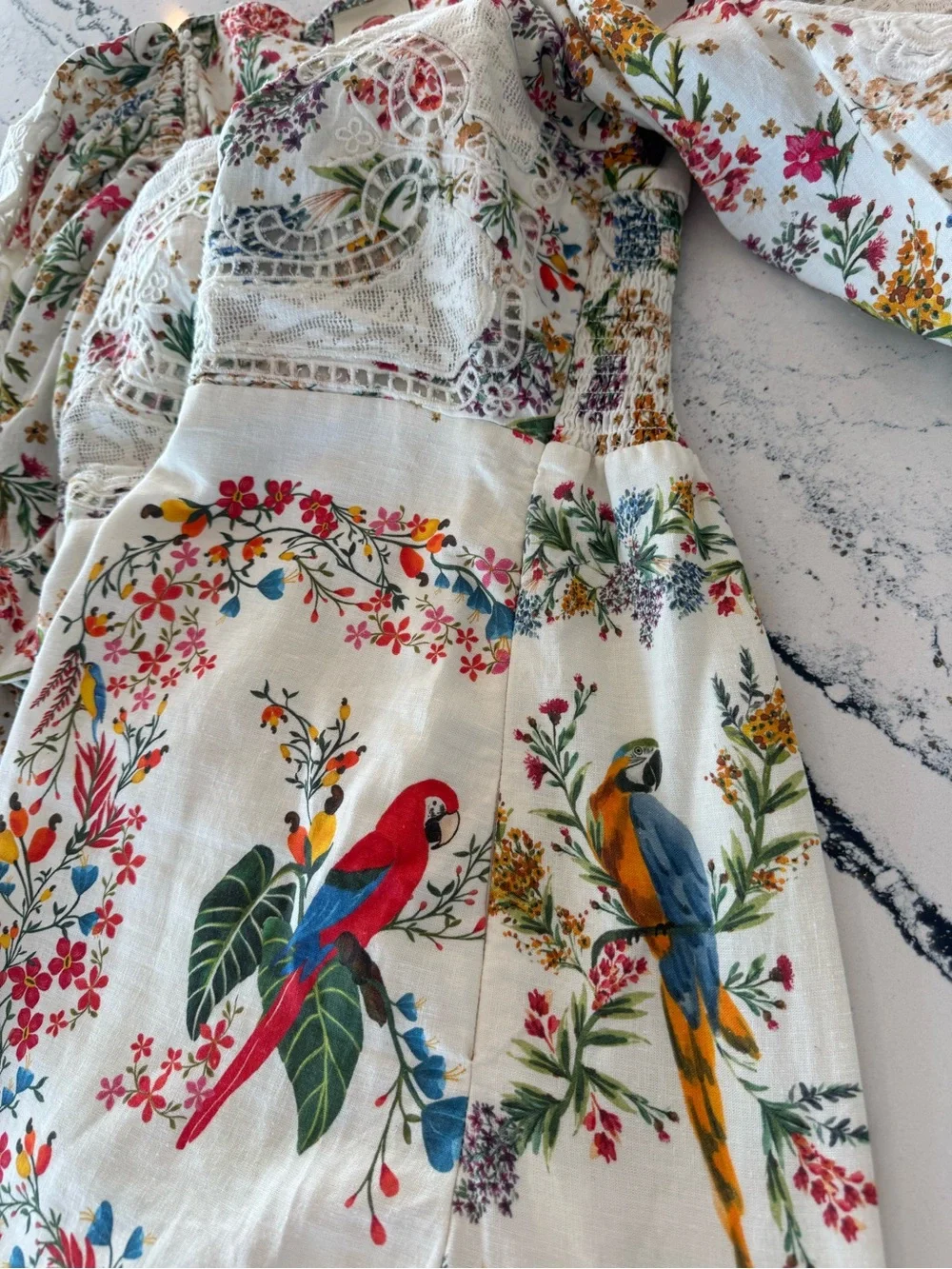 FARM Rio RARE White Floral Lace Dress with Multicolor Tropical Print Size Small